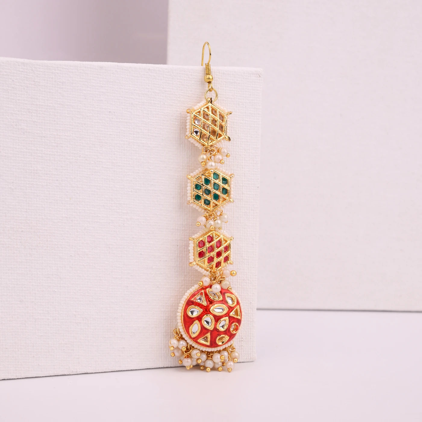 Choko Floral Kundan Maang Tikka for Girls - Red, Green & Gold | Wedding Festive