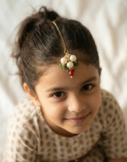 Choko "My First Festive" Beaded Maang Tikka - Traditional Red, Green & Gold | Festive