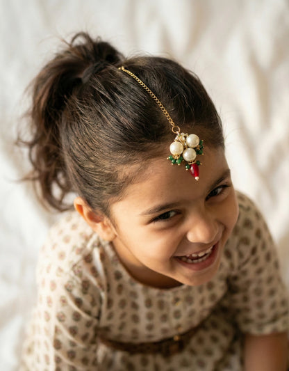 Choko "My First Festive" Beaded Maang Tikka - Traditional Red, Green & Gold | Festive