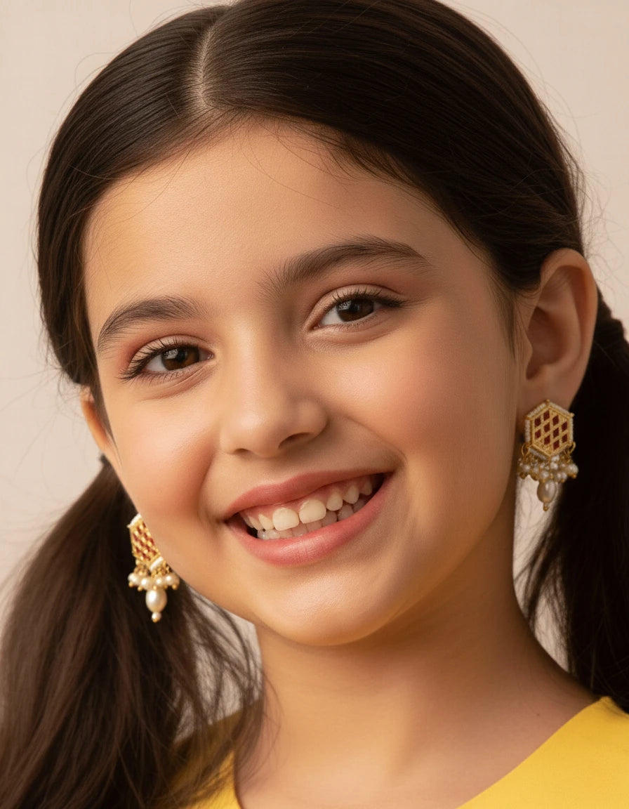 Choko Kundan & Pearl Earrings for Girls - Red & Gold | Wedding Festive
