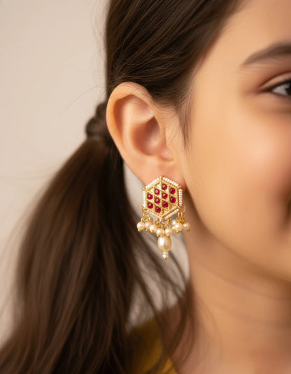Choko Kundan & Pearl Earrings for Girls - Red & Gold | Wedding Festive