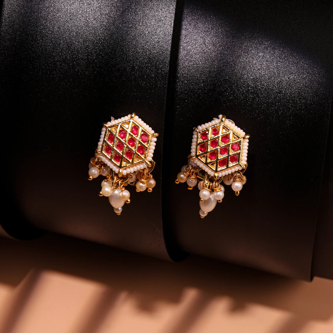 Choko Kundan & Pearl Earrings for Girls - Red & Gold | Wedding Festive