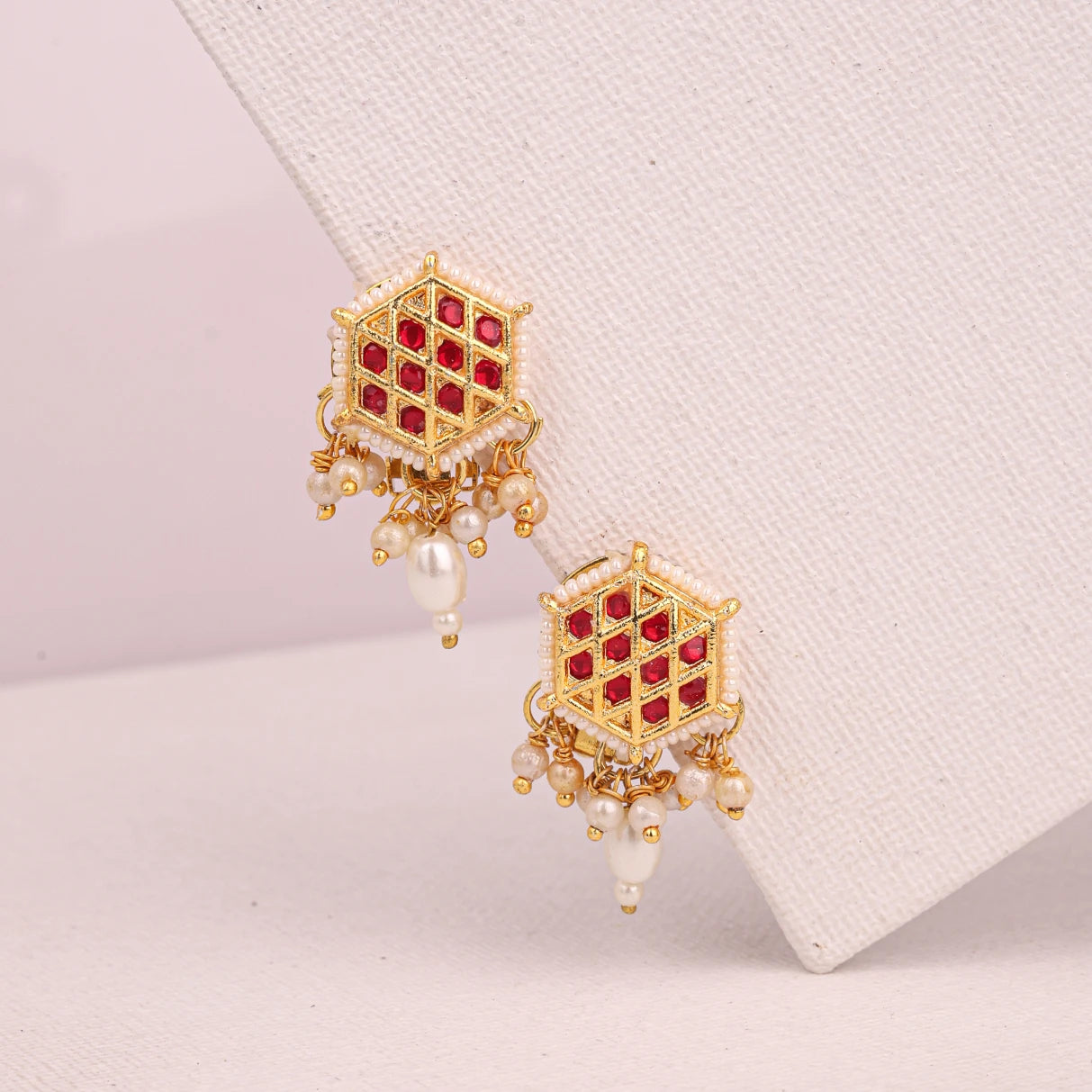 Choko Kundan & Pearl Earrings for Girls - Red & Gold | Wedding Festive