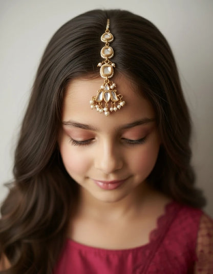 Choko Kundan & Pearl Maang Tikka for Girls - Gold & White | Wedding Ethnic