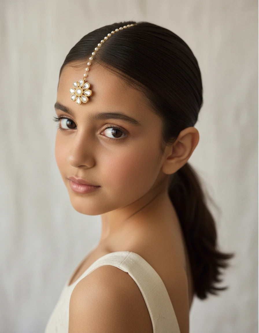 Choko Mirror Work Maang Tikka for Girls - Gold & White | Navratri Festive - Choko