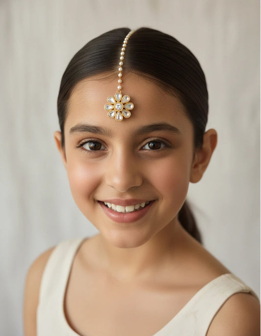 Choko Mirror Work Maang Tikka for Girls - Gold & White | Navratri Festive