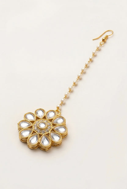 Choko Mirror Work Maang Tikka for Girls - Gold & White | Navratri Festive