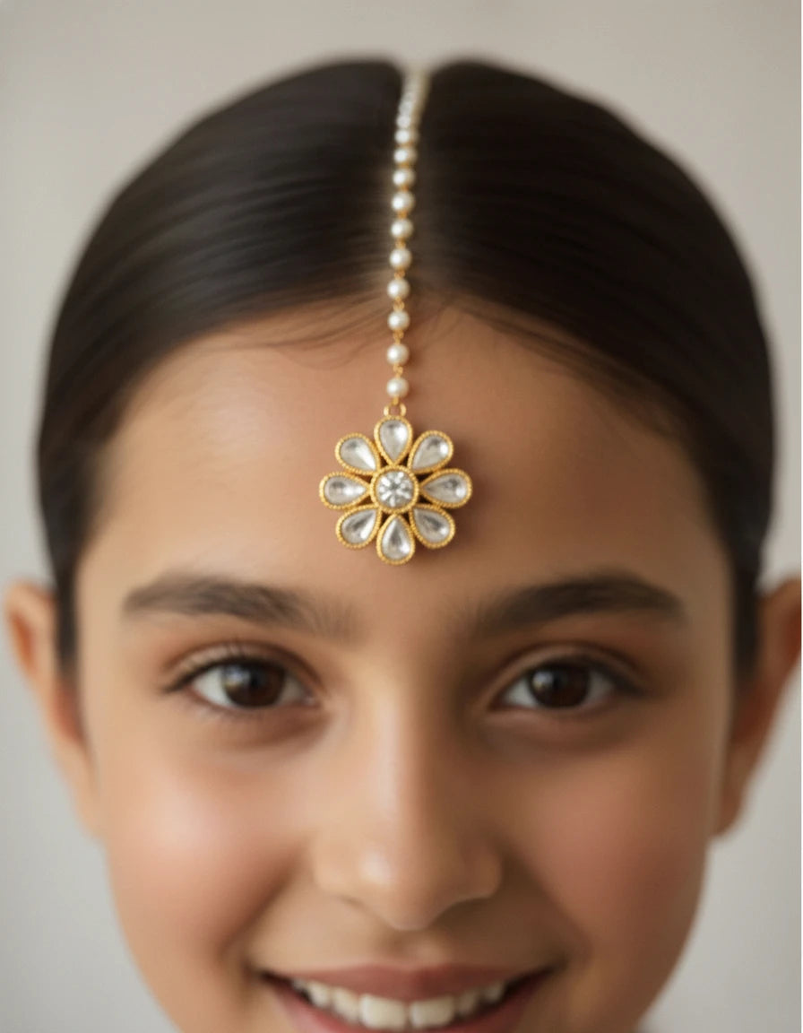Choko Mirror Work Maang Tikka for Girls - Gold & White | Navratri Festive
