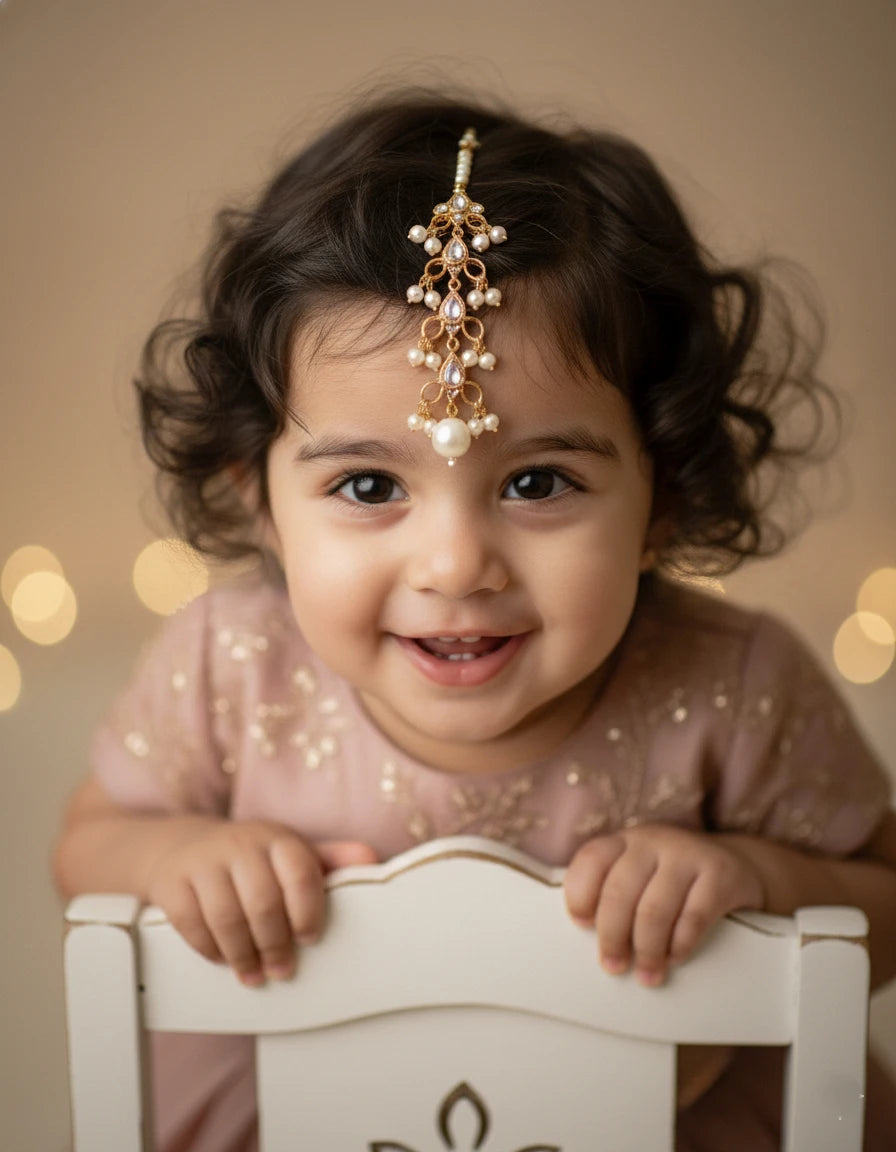 Choko Stone & Pearl Maang Tikka for Girls - Gold & White | Festive Ethnic - Choko