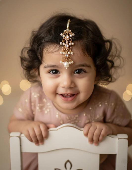 Choko Stone & Pearl Maang Tikka for Girls - Gold & White | Festive Ethnic