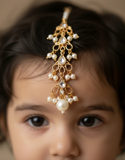 Choko Stone & Pearl Maang Tikka for Girls - Gold & White | Festive Ethnic