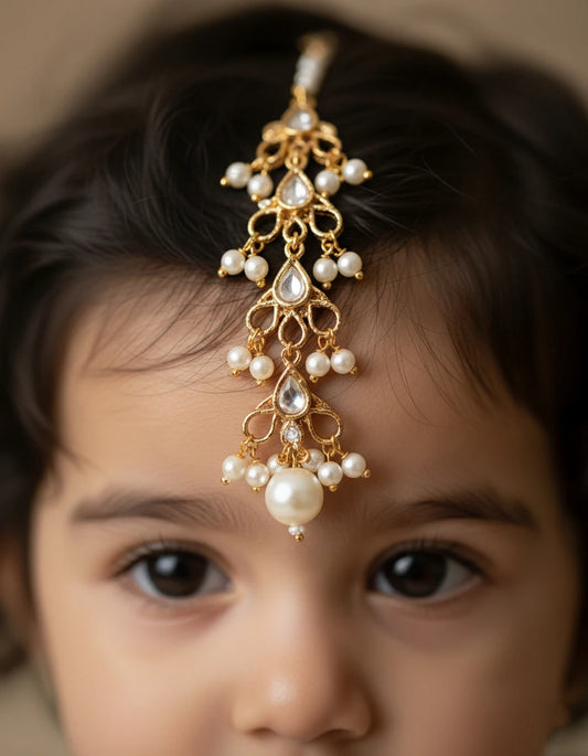 Choko Stone & Pearl Maang Tikka for Girls - Gold & White | Festive Ethnic