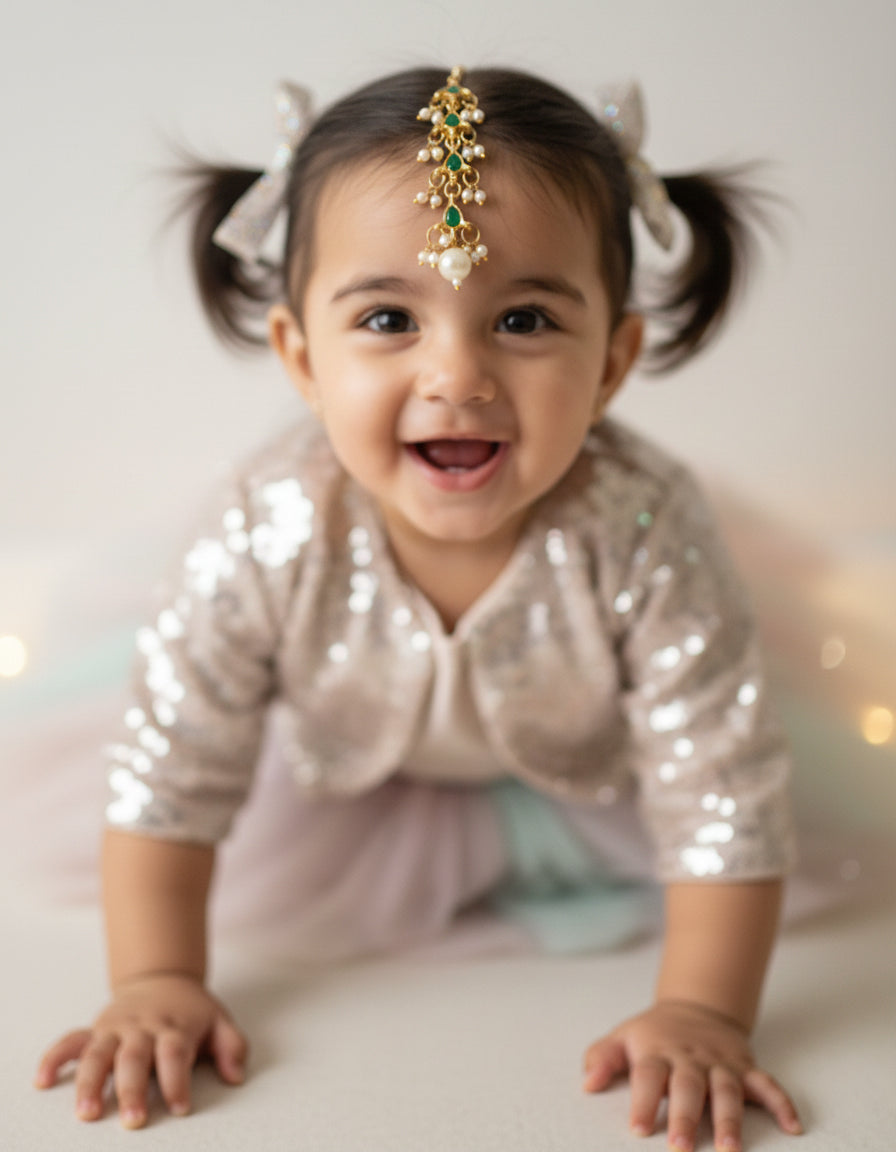 Choko Girls Traditional Floral Maang Tikka with Emerald Green Stones & Pearl Drops for Wedding