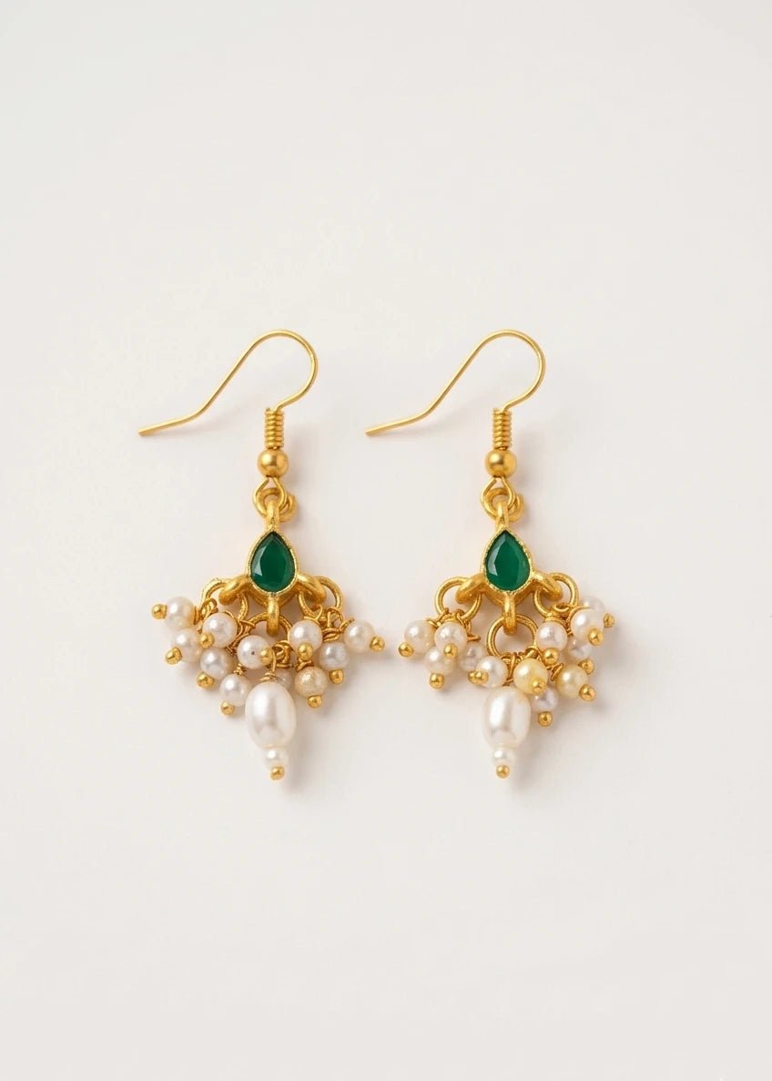 Choko Green Stone & Pearl Earrings for Girls - Gold & Green | Festive Ethnic