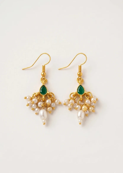 Choko Green Stone & Pearl Earrings for Girls - Gold & Green | Festive Ethnic
