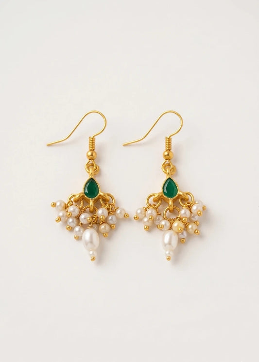 Choko Green Stone & Pearl Earrings for Girls - Gold & Green | Festive Ethnic