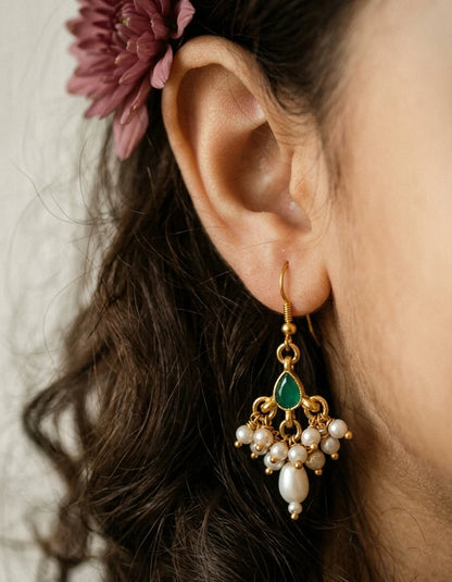 Choko Green Stone & Pearl Earrings for Girls - Gold & Green | Festive Ethnic