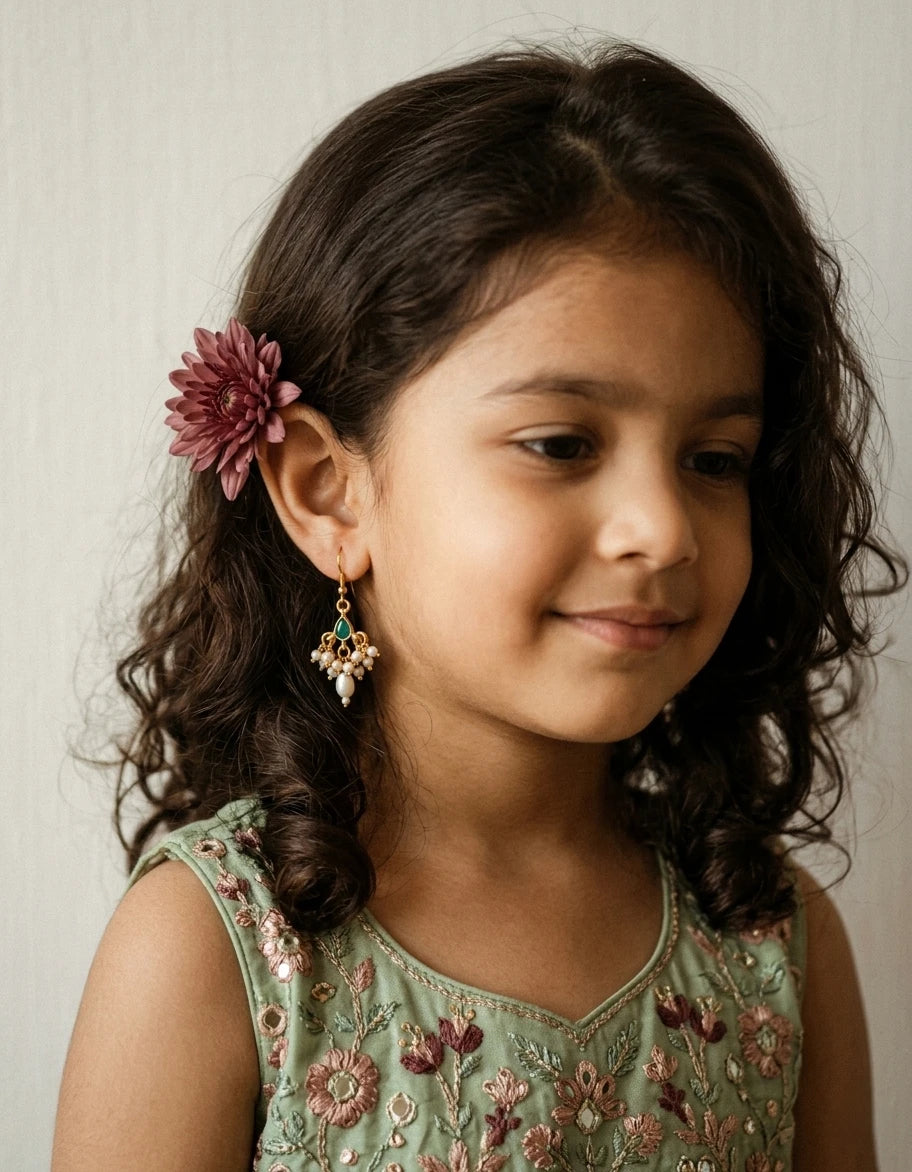 Choko Green Stone & Pearl Earrings for Girls - Gold & Green | Festive Ethnic