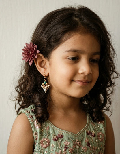 Choko Green Stone & Pearl Earrings for Girls - Gold & Green | Festive Ethnic