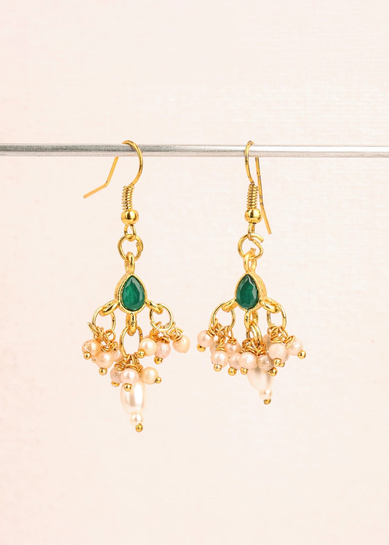 Choko Green Stone & Pearl Earrings for Girls - Gold & Green | Festive Ethnic