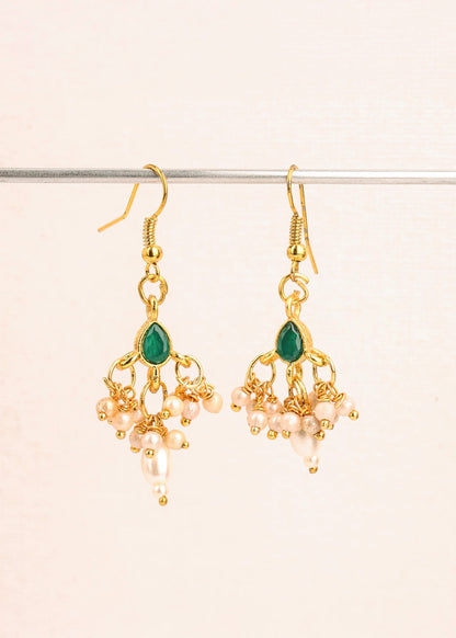 Choko Green Stone & Pearl Earrings for Girls - Gold & Green | Festive Ethnic