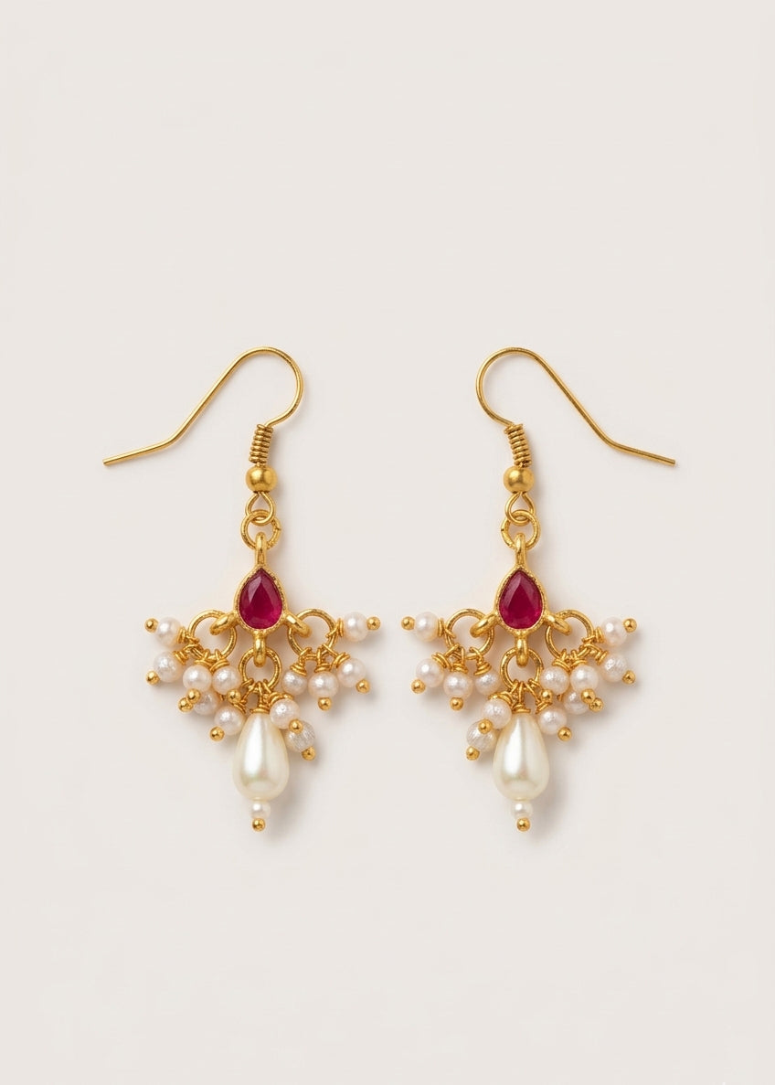 Choko Girls Traditional Chandelier Ruby Red Drop Earrings with Pearls for Festive Evenings