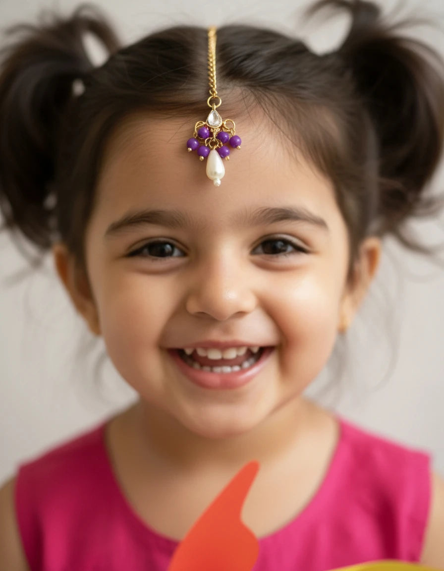 Choko Multicolour Pearl Maang Tikka for Girls - Gold | Festive Birthday