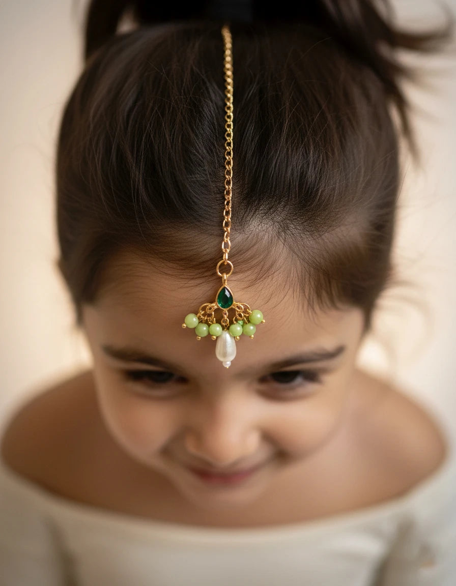 Choko Multicolour Pearl Maang Tikka for Girls - Gold | Festive Birthday