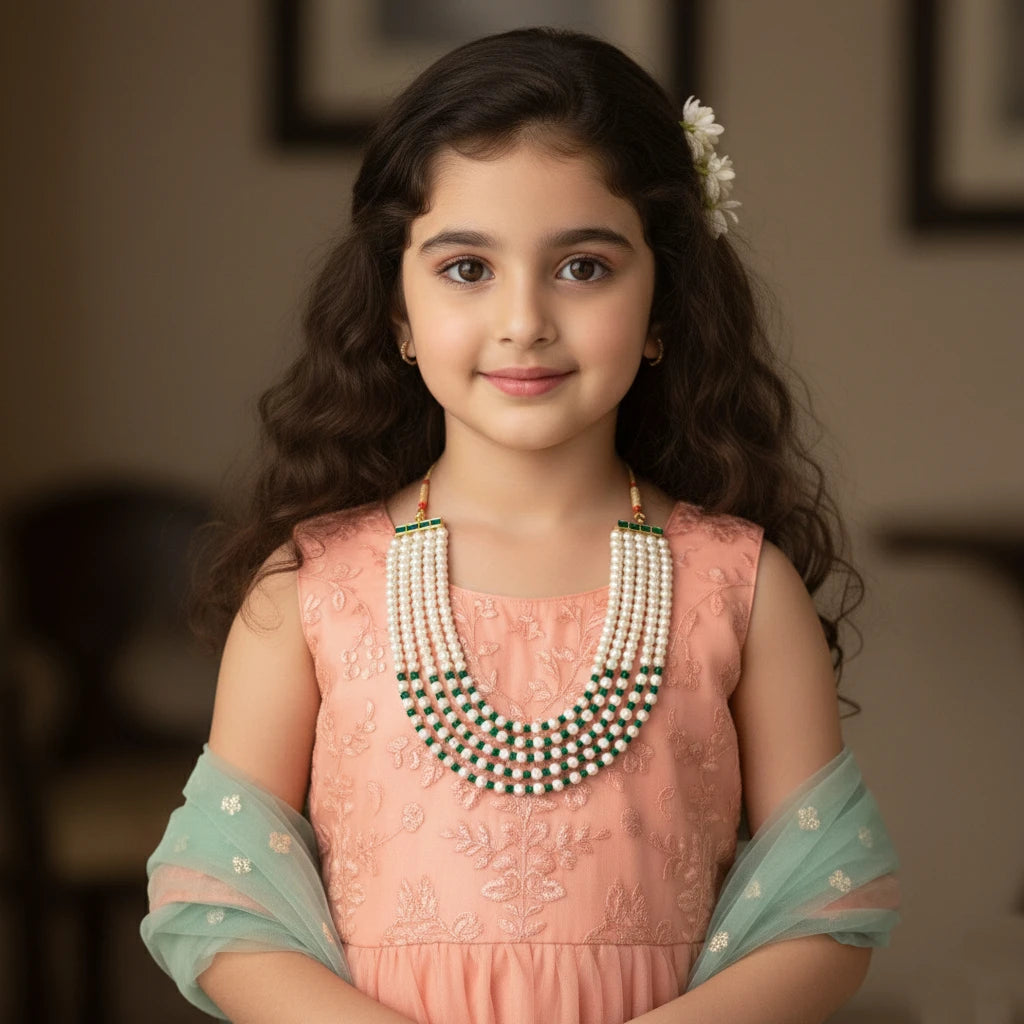 Choko Pearl Beaded Necklace for Girls - White, Green & Gold | Festive Ethnic