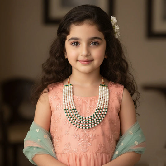 Choko Pearl Beaded Necklace for Girls - White, Green & Gold | Festive Ethnic