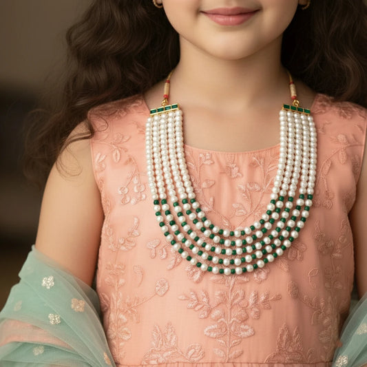 Choko Pearl Beaded Necklace for Girls - White, Green & Gold | Festive Ethnic