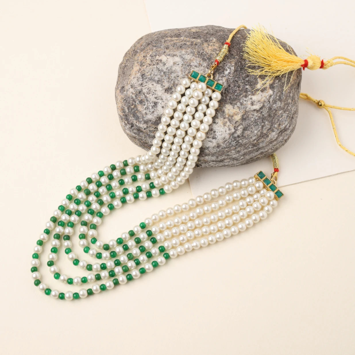 Choko Pearl Beaded Necklace for Girls - White, Green & Gold | Festive Ethnic