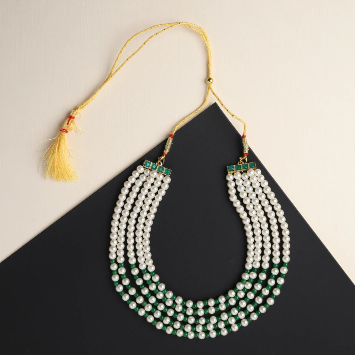 Choko Pearl Beaded Necklace for Girls - White, Green & Gold | Festive Ethnic
