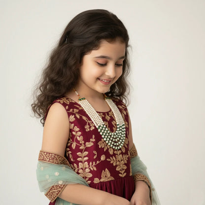 Choko Pearl Beaded Necklace for Girls - White, Green & Gold | Festive Ethnic