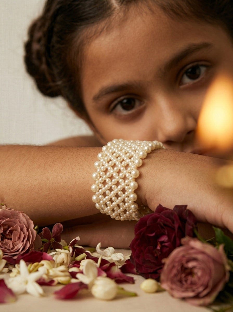 Choko Girls Traditional Wide Woven Pearl Bracelet - White & Gold
