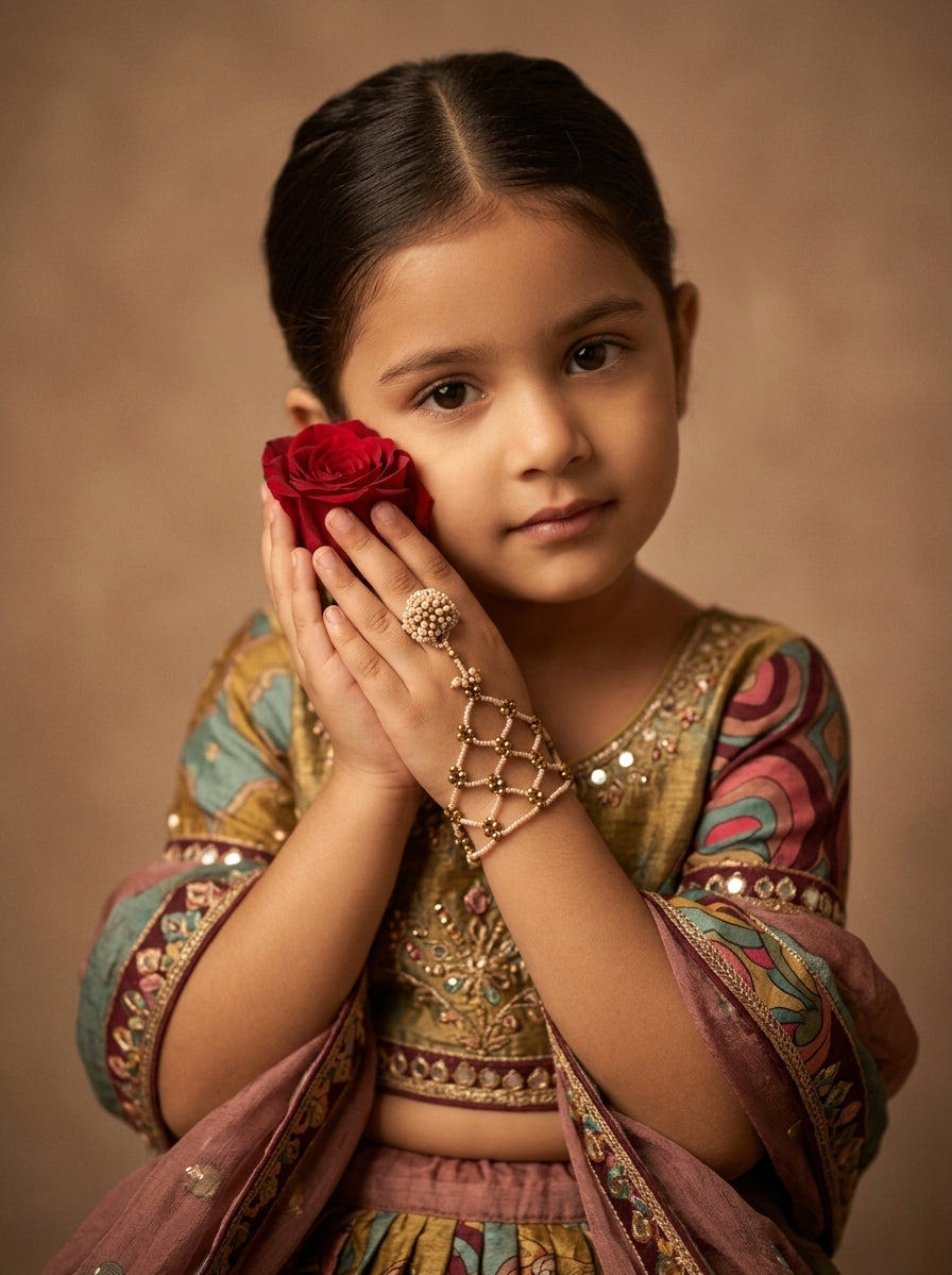 Choko Handcrafted Woven Pearl Haathphool Bracelet for Girls - White & Golden