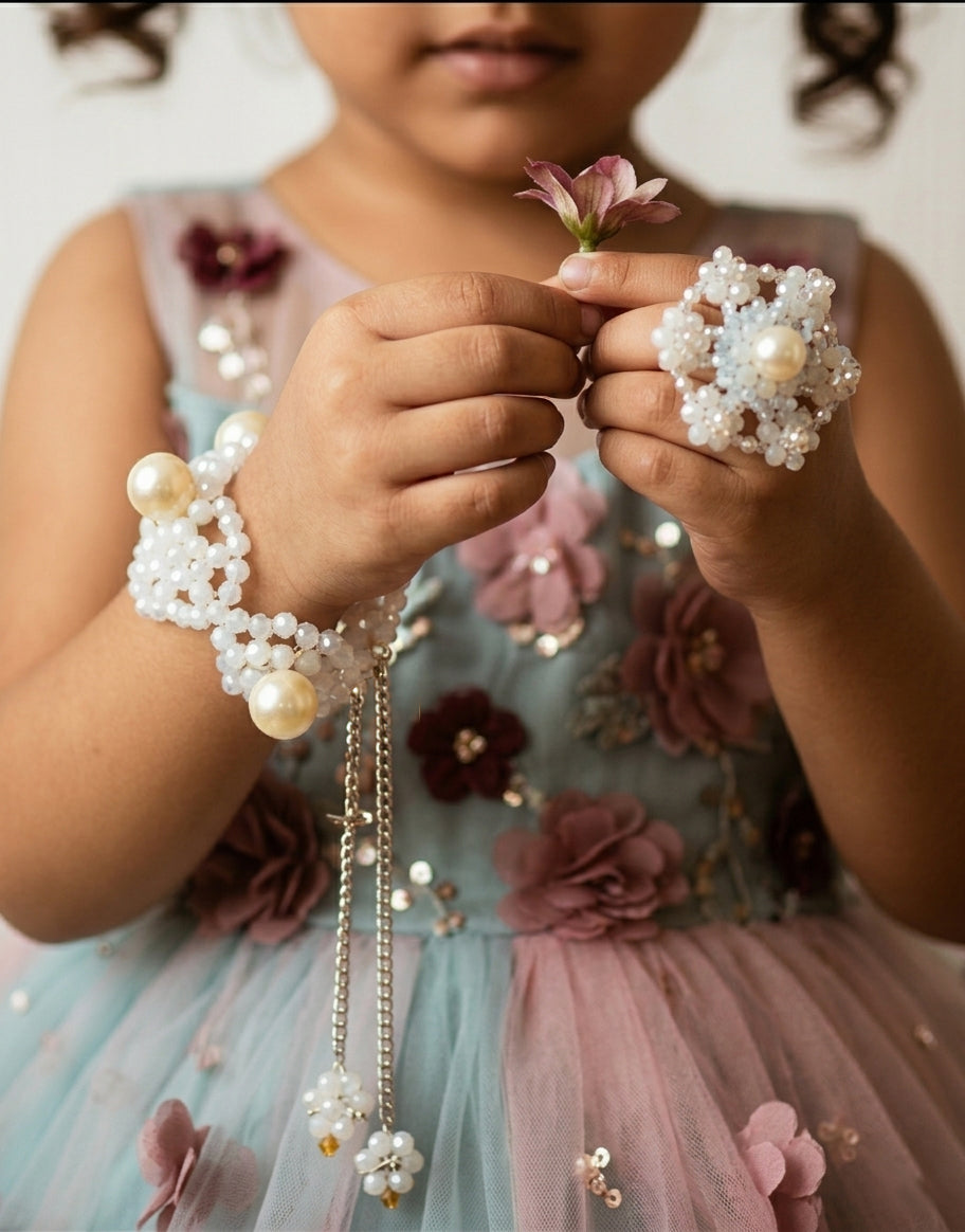 Choko Girls Traditional Woven Pearl Bracelet and Ring Set for Festive Party Wear - White & Golden