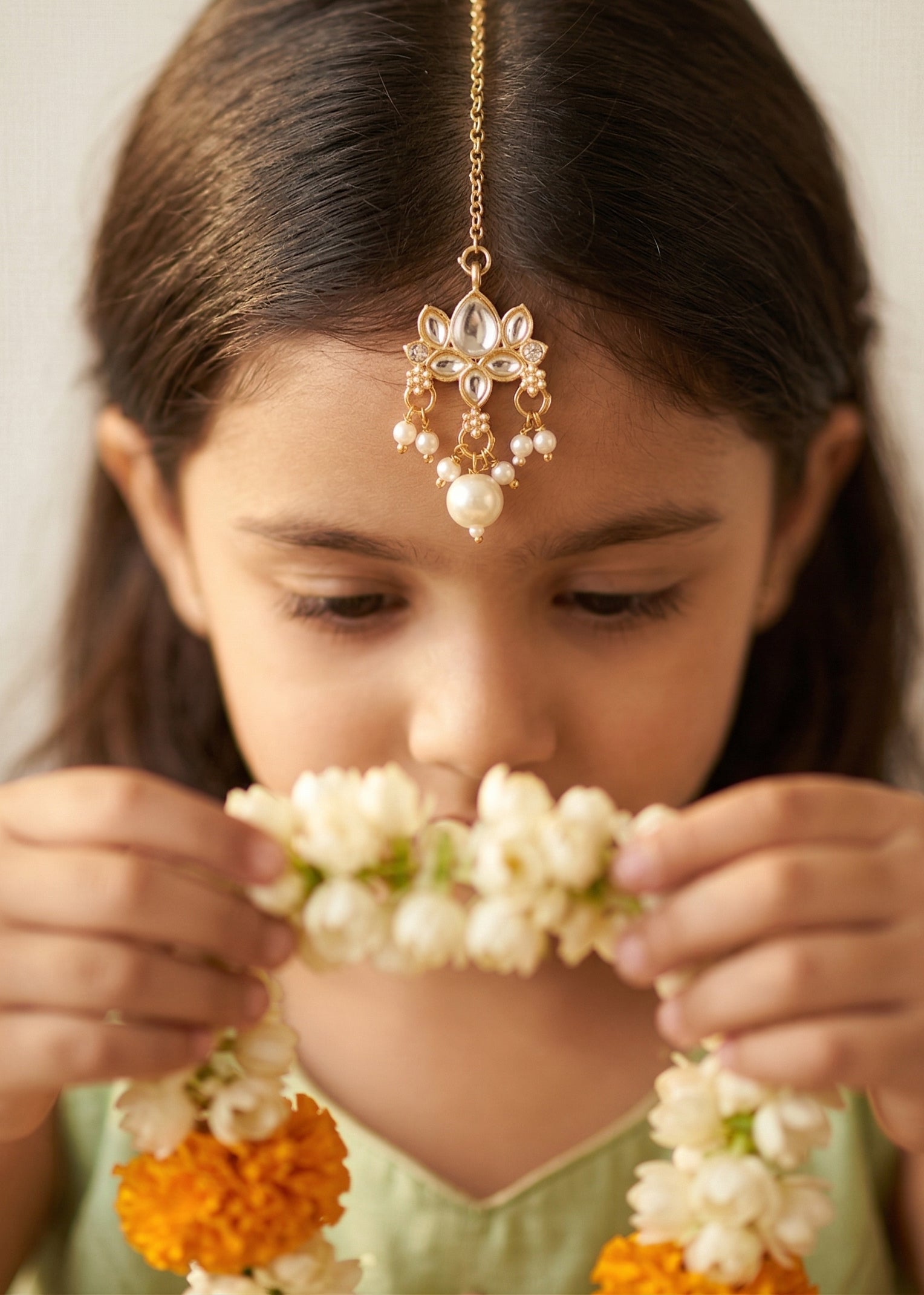 Choko Traditional Kundan with Pearl Drops Festive Wear Maang Tikka- Golden & White for Girls
