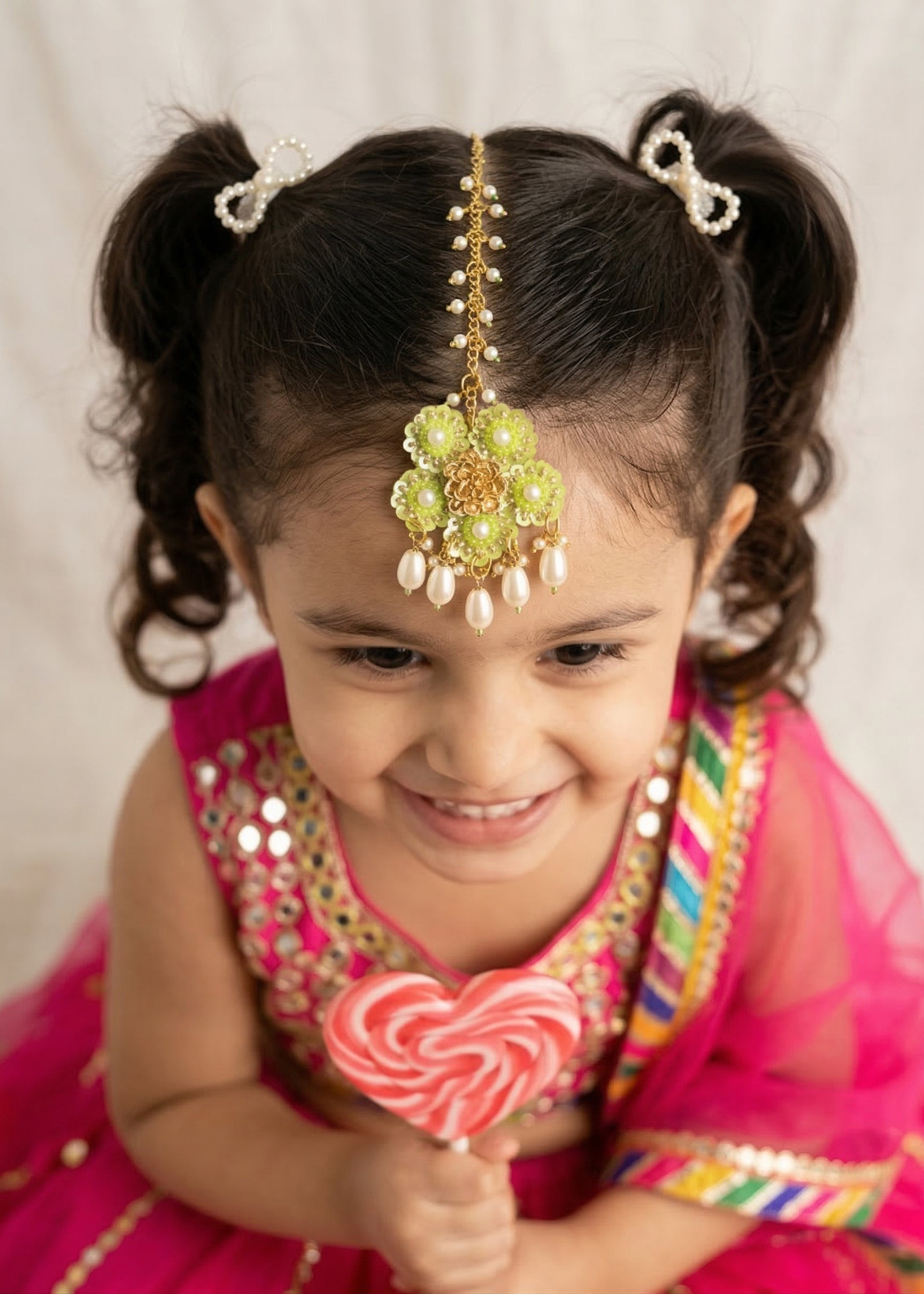 Choko Traditional Floral Gota Patti Festive Styles Maang Tikka- Green Golden & White for Girls