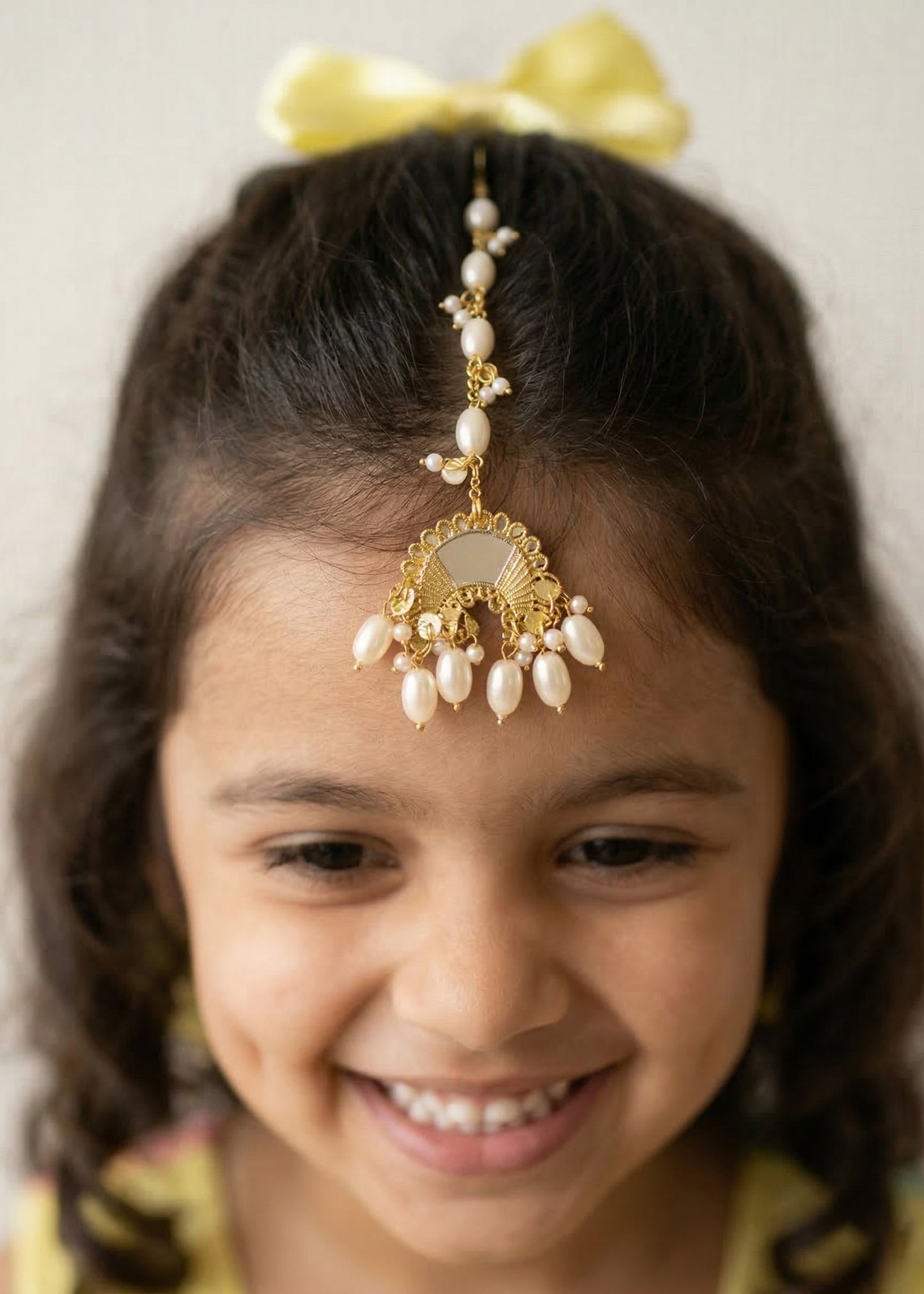 Choko Traditional Floral Mirror with Pearl Drops Maang Tikka for Girls - Golden & White