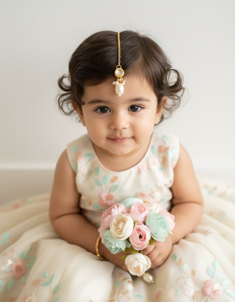 Choko Traditional Round Kundan Maang Tikka with Large Pearl Drop for Girls - Golden & White