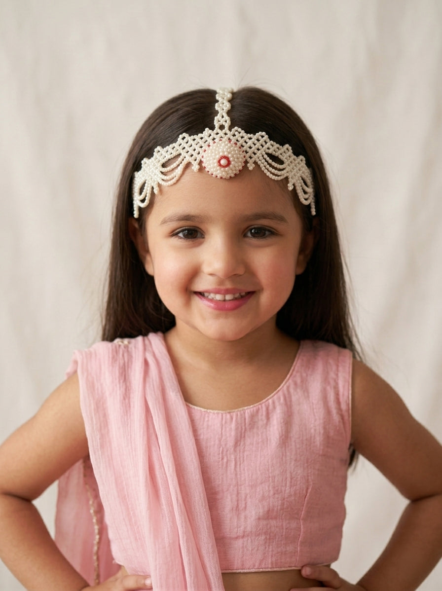Choko Girls Traditional Floral Kundan Matha Patti with Pearl Clusters for Wedding Wear - White, Red