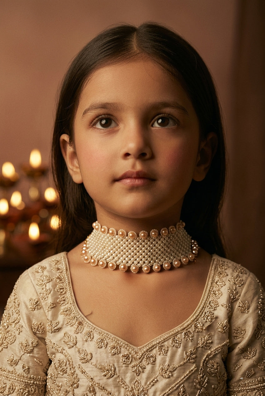 Choko Girls Traditional Woven Pearl Choker Necklace for Festive Party Wear - White & Golden