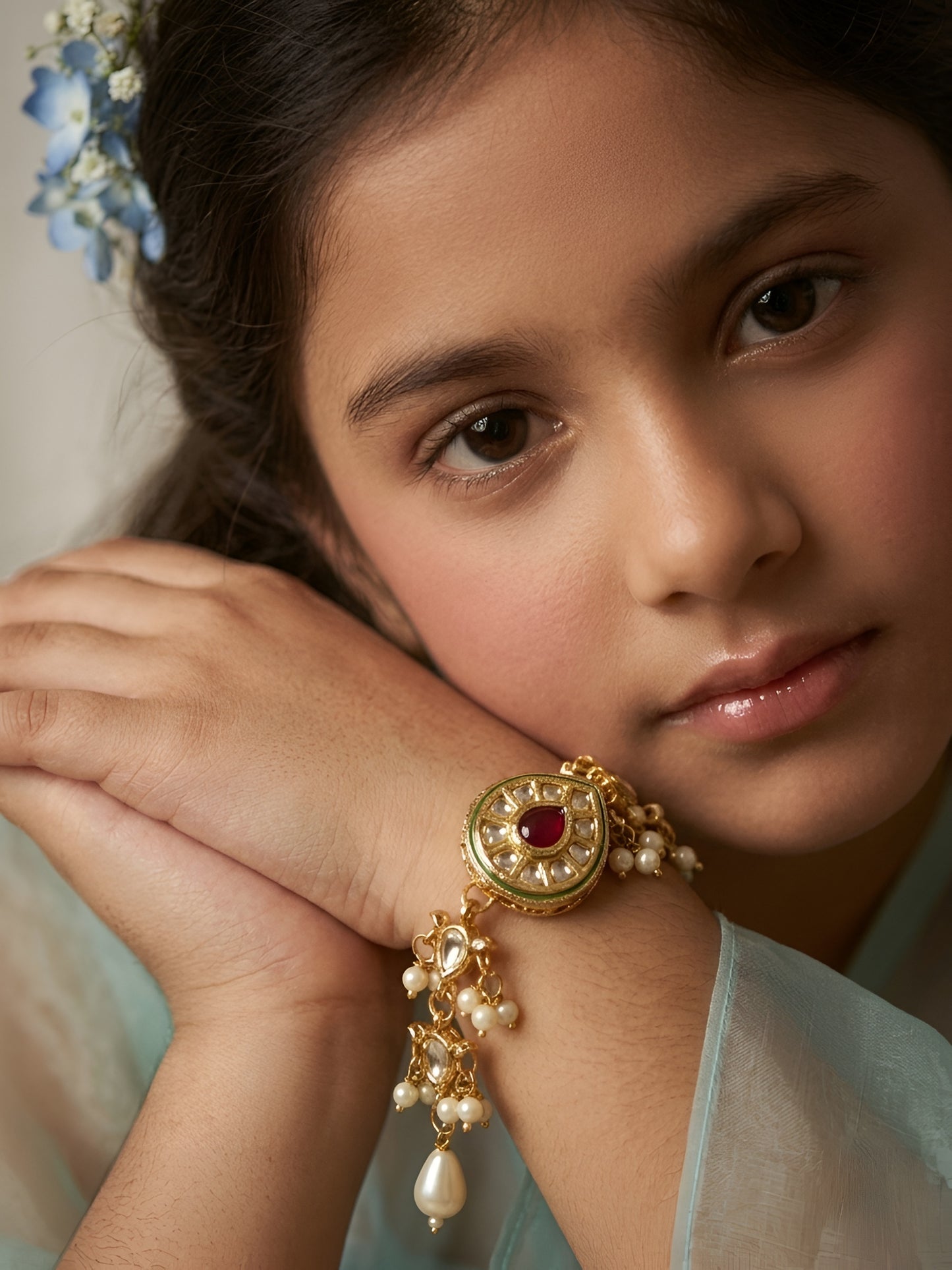 Choko Gold Plated Pearl Embellished Red Stone Bracelet for Girls - Traditional Accessory