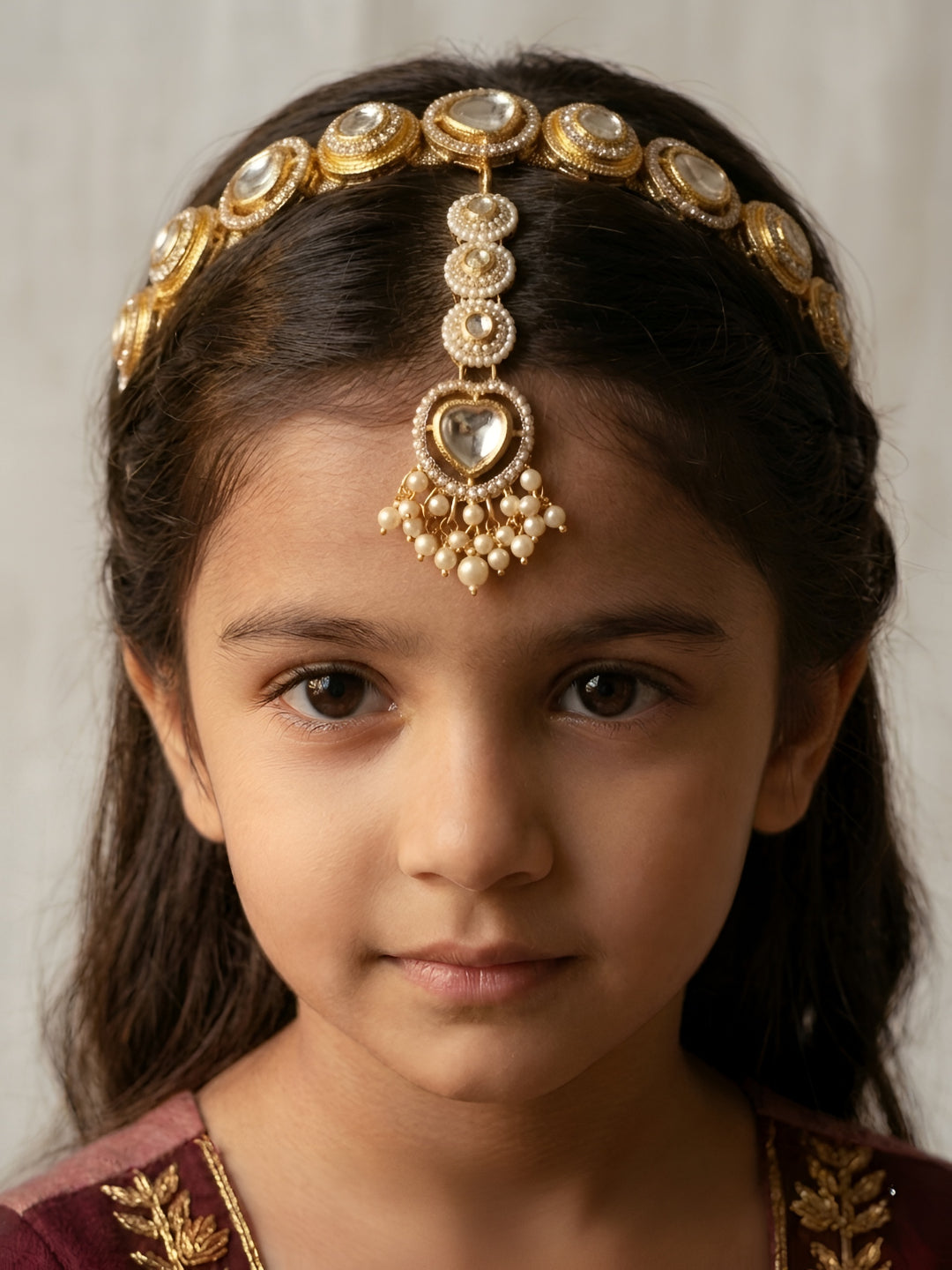 Choko Gold Plated Pearl Embellished Hair Band & Maang Tikka Set for Girls White Traditional
