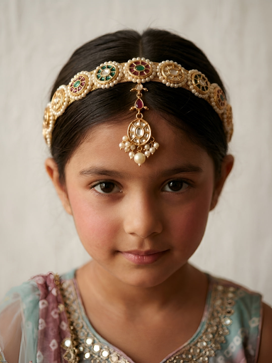 Choko Gold Plated Pearl Studded Hair Band & Maang Tikka Set for Girls White Green Ethnic
