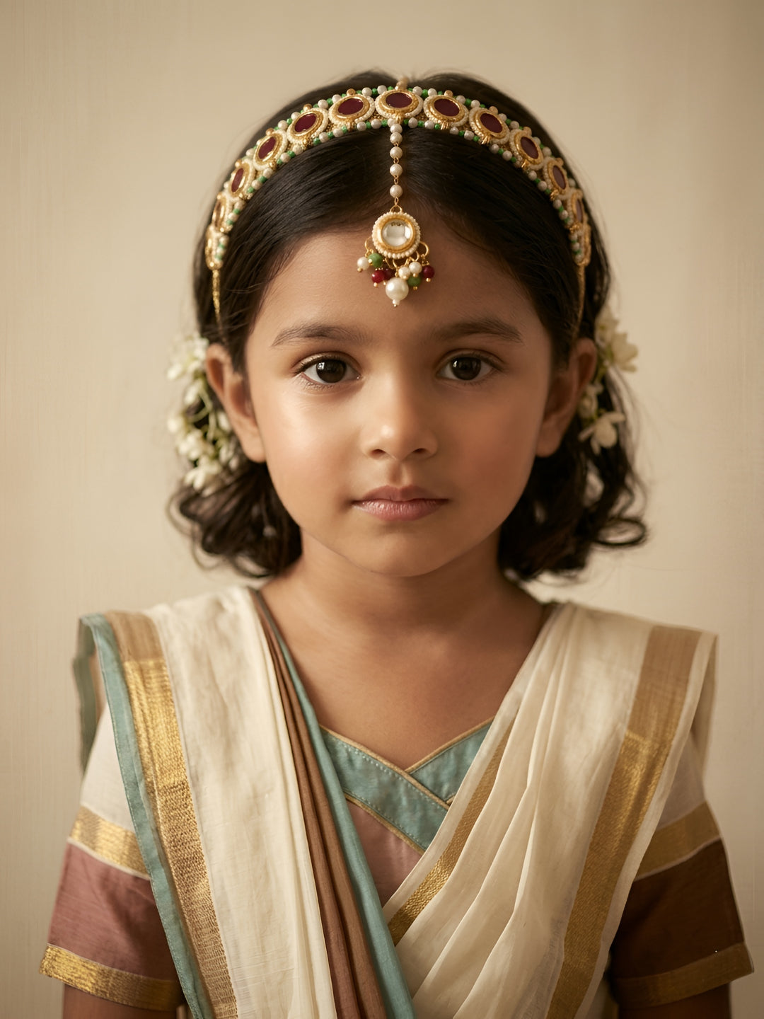 Choko Gold Plated Studded Hair Band & Maang Tikka Set for Girls Maroon Green Traditional