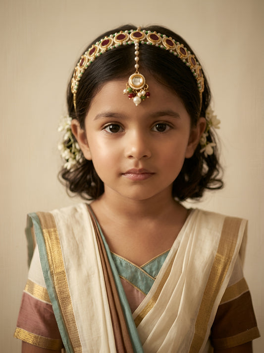 Choko Gold Plated Studded Hair Band & Maang Tikka Set for Girls Maroon Green Traditional