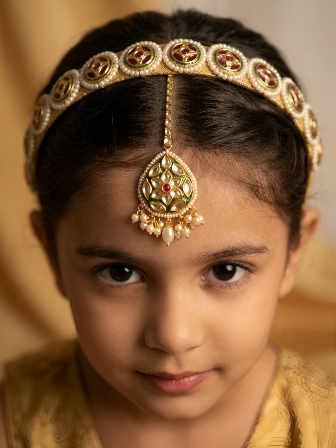 Choko Gold Plated Pearl Framed Hair Band & Maang Tikka Set for Girls Maroon Green Ethnic