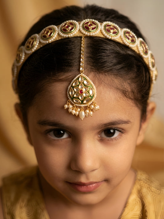 Choko Gold Plated Pearl Framed Hair Band & Maang Tikka Set for Girls Maroon Green Ethnic
